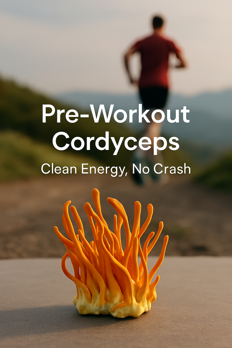 Fresh cordyceps mushrooms placed beside a trail runner, representing natural energy, stamina, and performance enhancement.