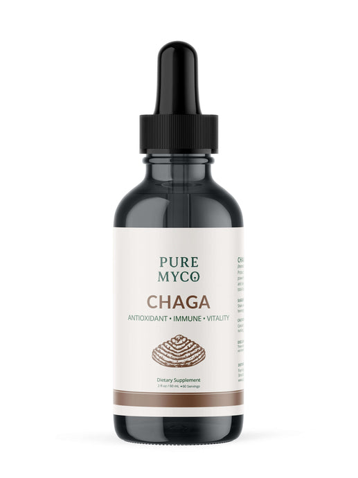 Pure Myco Chaga mushroom tincture, antioxidant and immune support supplement for vitality.