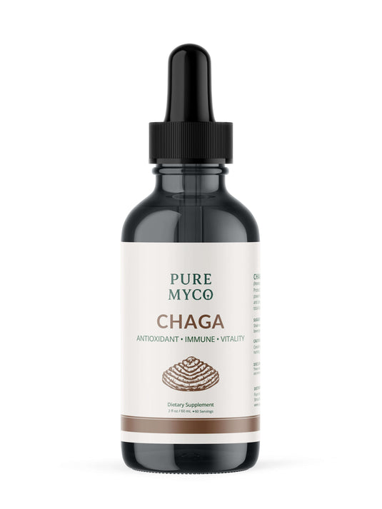 Pure Myco Chaga mushroom tincture, antioxidant and immune support supplement for vitality.
