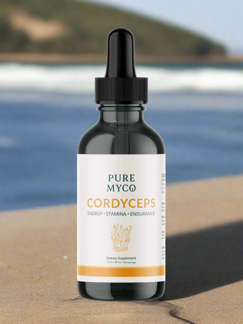 Load image into Gallery viewer, Pure Myco Cordyceps tincture bottle for energy, stamina, and endurance support in a sleek design.

