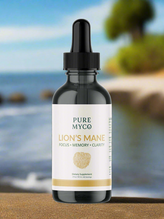 Pure Myco Lion's Mane supplement bottle for focus, memory, and clarity.